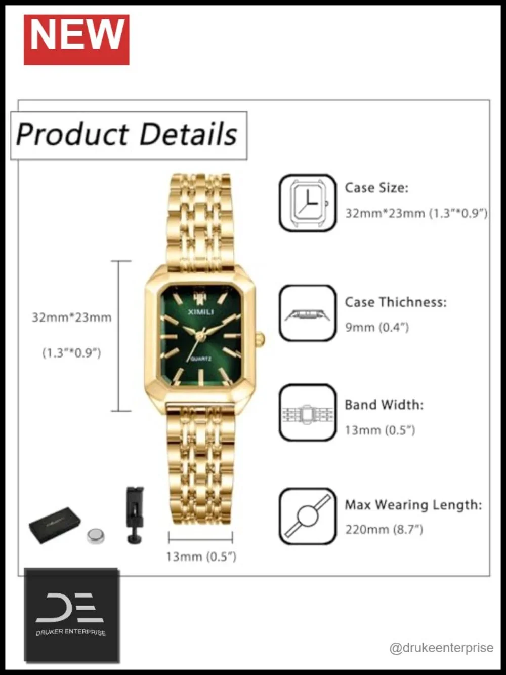 Gold Square Stainless Steel Watch Analog Quartz Elegant Bracelet Wrist Watch